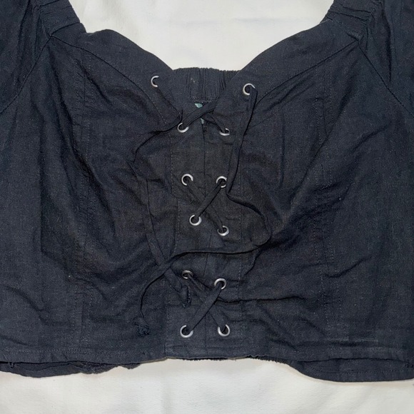 Wild Fable Black Lace Up Corset Crop Top Puff Sleeve Smocked Back Large Linen - Picture 3 of 7